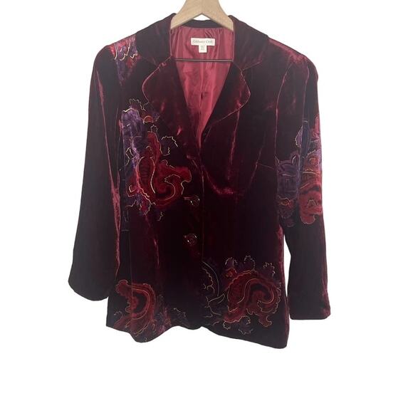 COLDWATER CREEK Women's 14 Petite Red Velvet Floral Paisley Blazer Whimsy Goth - Picture 1 of 16